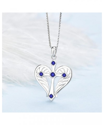 Cross Necklace 925 Sterling Silver Heart Angel Wings Pendant Necklace for Women 09-Sapphire-Sept-Silver $33.54 Necklaces