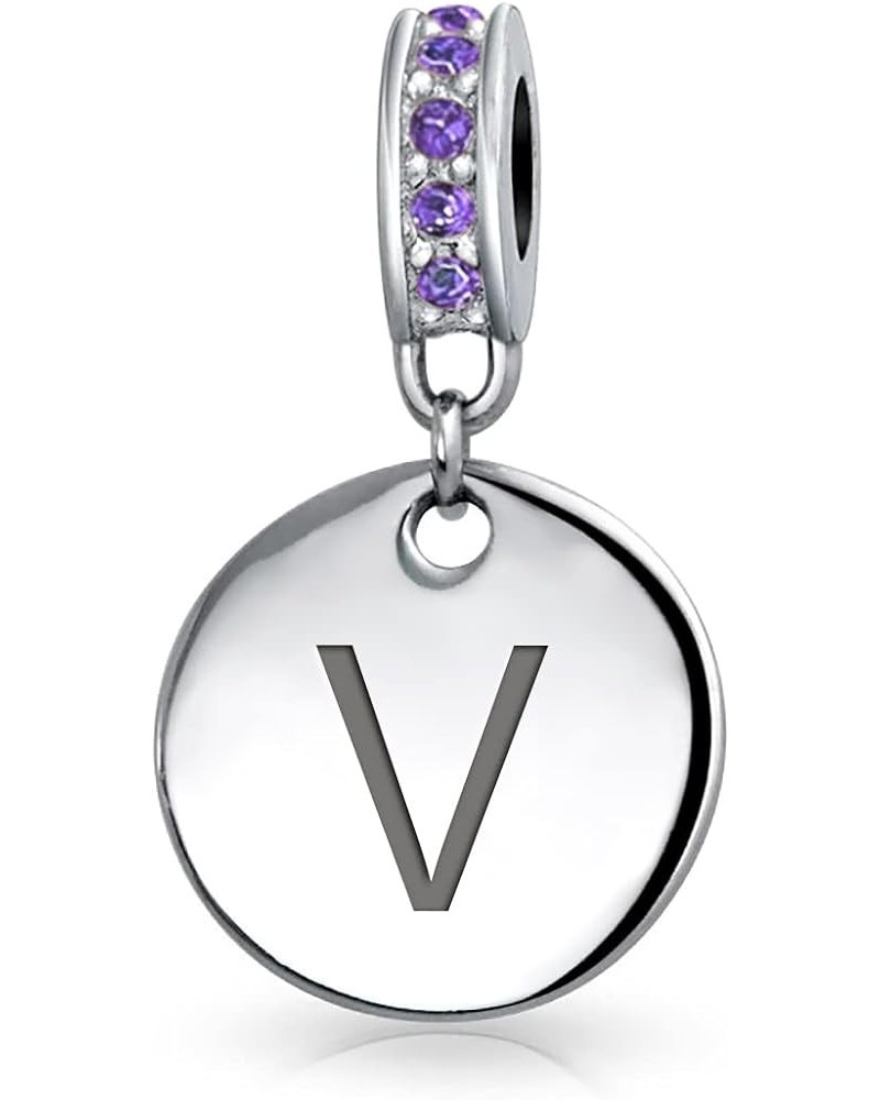 Engravable A-Z Monogram PURPLE Crystal Accent Bale Dangle Round Circle Disc Shaped Alphabet Initial Charm Bead For Women Teen...