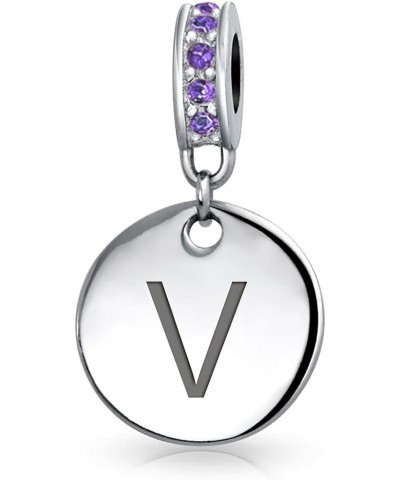 Engravable A-Z Monogram PURPLE Crystal Accent Bale Dangle Round Circle Disc Shaped Alphabet Initial Charm Bead For Women Teen...