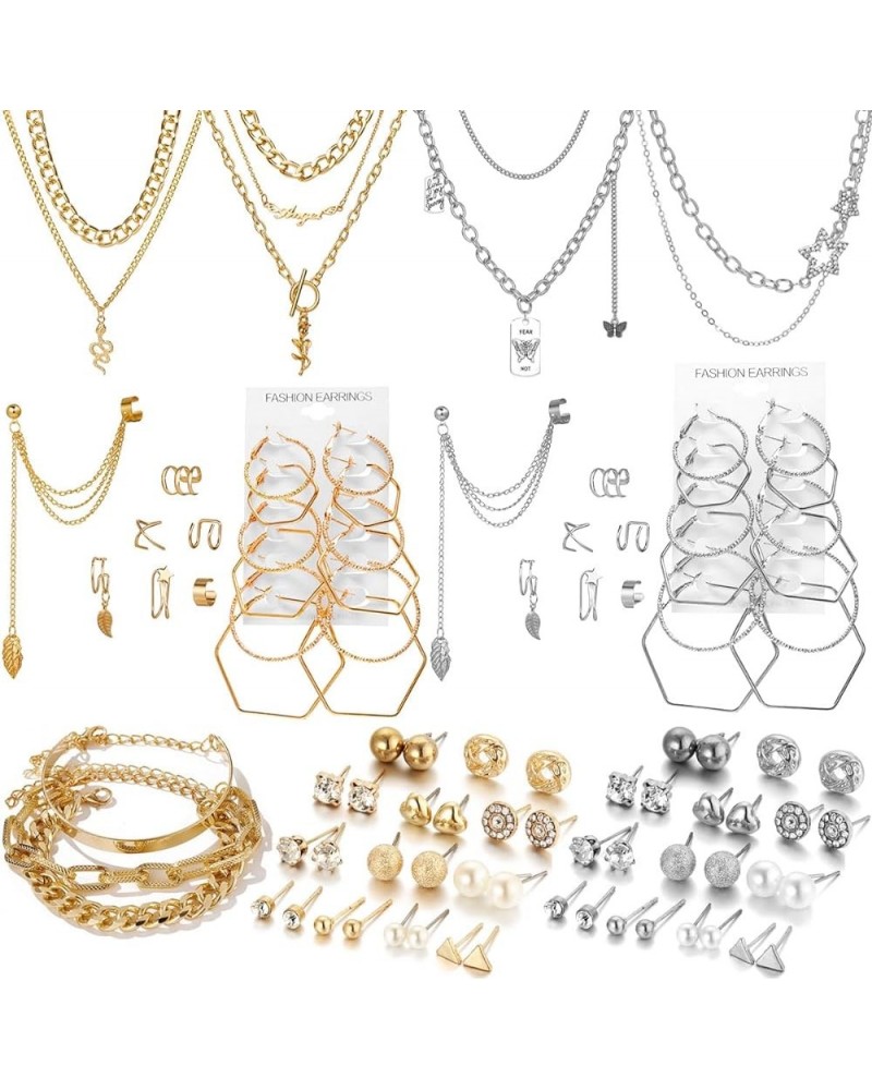 57 PCS Gold Silver Jewelry Set With 4 PCS Necklace, 3 PCS Bracelet, 14 PCS Ear Cuffs Earring, 12pcs Hoop Earrings,24pcs stud ...