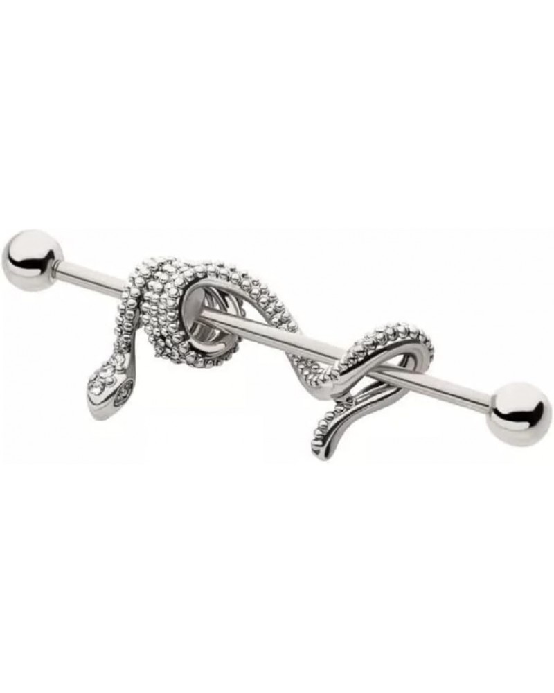 14GA 316L Stainless Steel CZ Crystal Dangling Snake Industrial Barbell Silver Tone $9.82 Body Jewelry