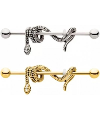 14GA 316L Stainless Steel CZ Crystal Dangling Snake Industrial Barbell Silver Tone $9.82 Body Jewelry