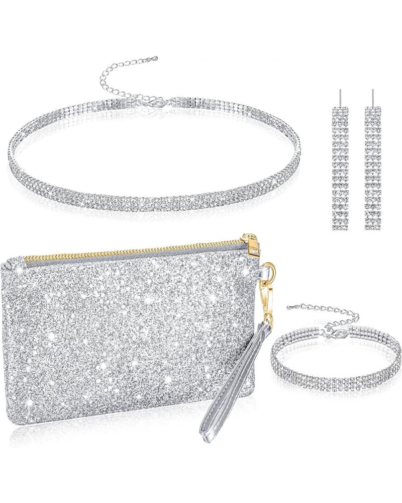 4 Pcs Silver Clutch Purses for Women Evening Rhinestone Jewelry Set Necklace Earrings Bracelet Wedding Accessories Elegant St...