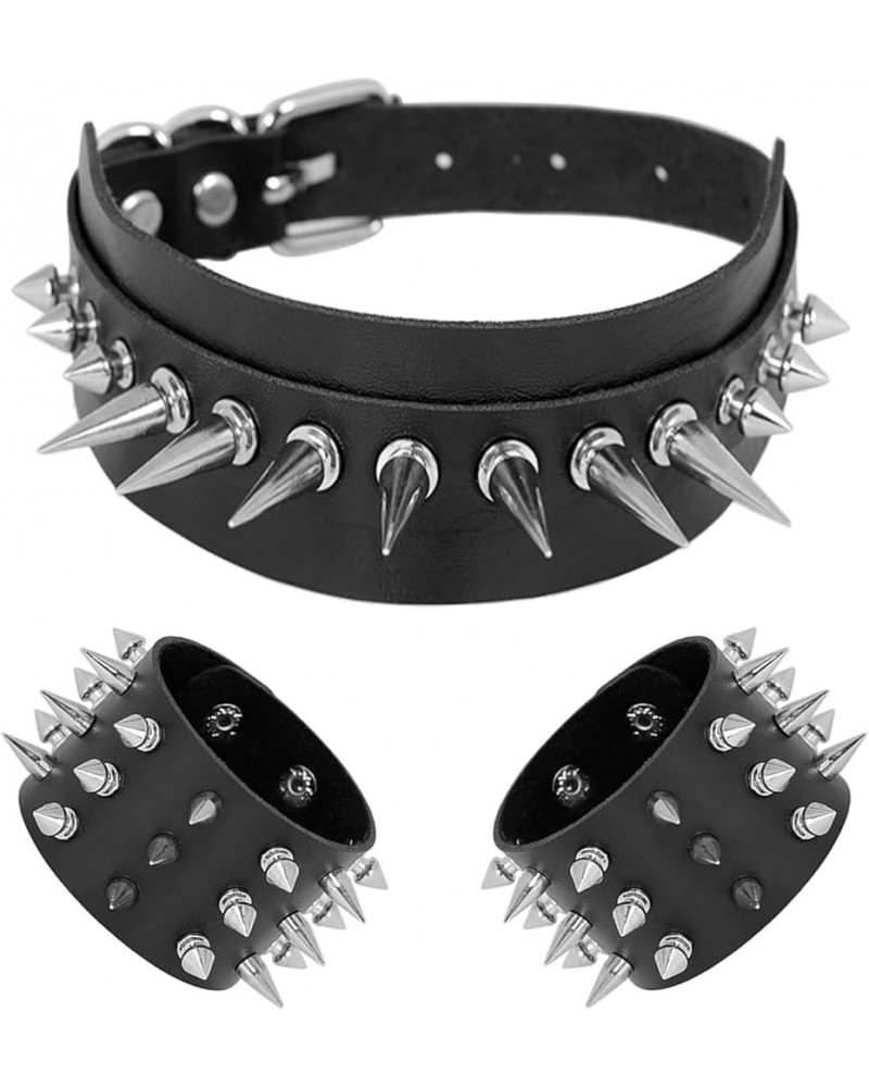 Leather Studded Spike Bracelet Choker Punk Gothic Metal Rivet Cuff Bangle Black Wristband E1: 2pack Bracelet+1 Choker $9.50 N...