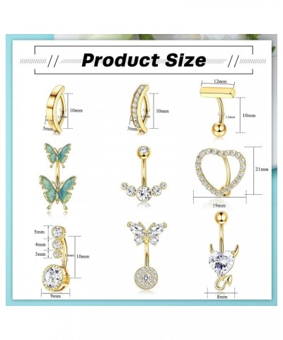 9 Pcs 14G Belly Button Rings Surgical Steel Clicker Belly Rings for Women CZ Butterfly Heart Curved Reverse Navel Rings Body ...