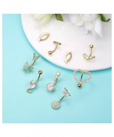 9 Pcs 14G Belly Button Rings Surgical Steel Clicker Belly Rings for Women CZ Butterfly Heart Curved Reverse Navel Rings Body ...