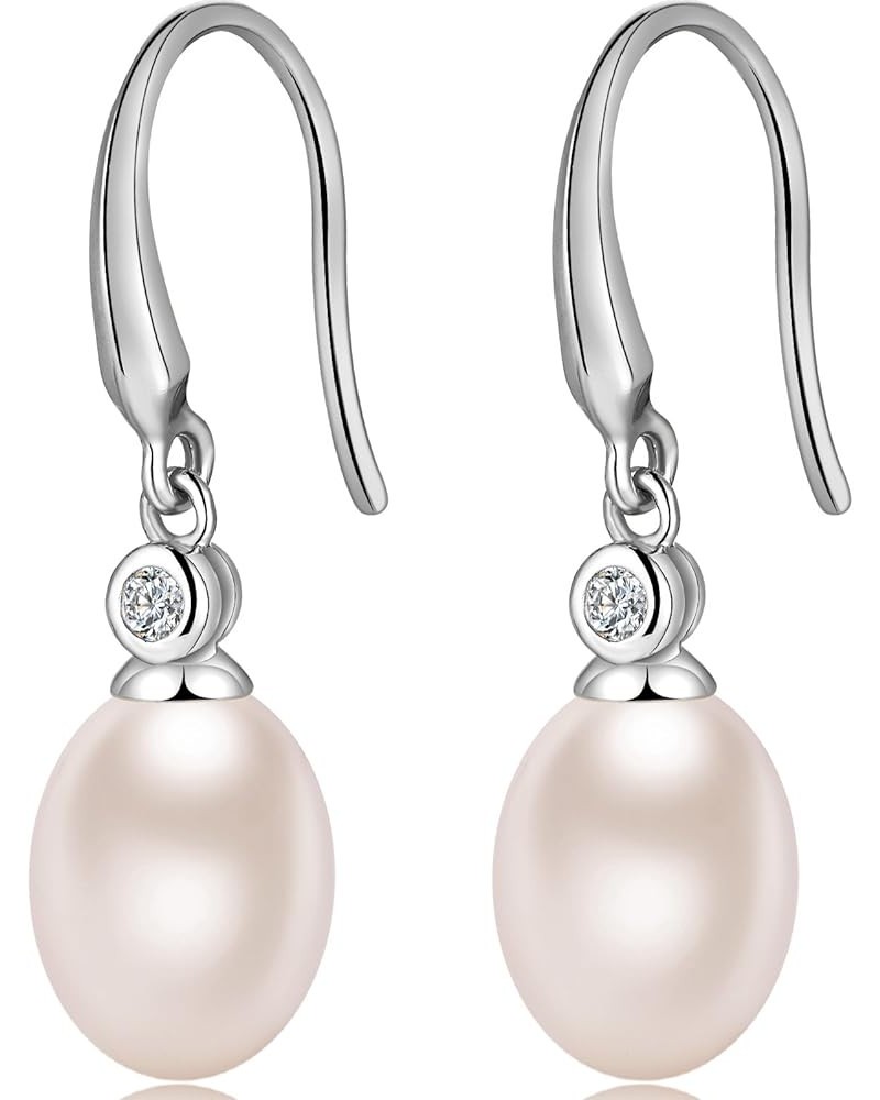 18K White Gold Plated Pearl Hangling Earrings for Women, 925 Sterling Silver Cubic Zirconia Pearl Dangle Drop Earrings with F...