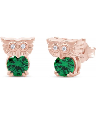 Round Cut Simulated Birthstone & White Cubic Zirconia Owl Stud Earrings With Push Back In 14k Gold Over Sterling Silver Jewel...