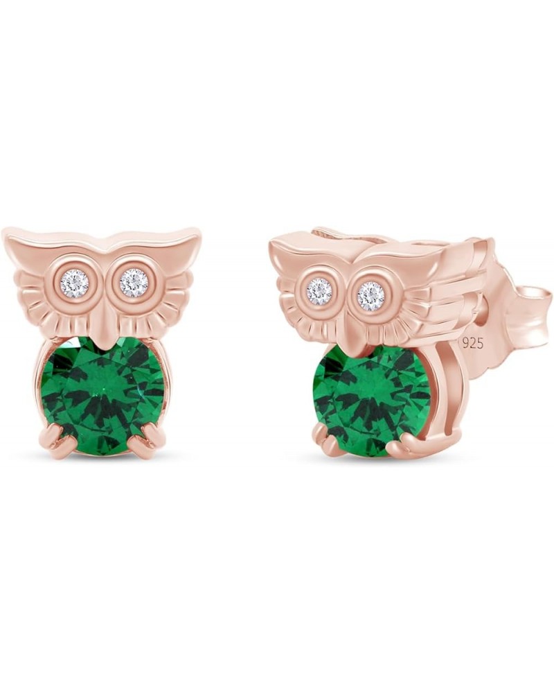 Round Cut Simulated Birthstone & White Cubic Zirconia Owl Stud Earrings With Push Back In 14k Gold Over Sterling Silver Jewel...