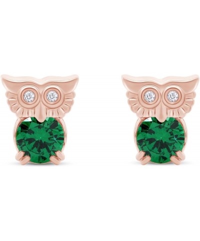 Round Cut Simulated Birthstone & White Cubic Zirconia Owl Stud Earrings With Push Back In 14k Gold Over Sterling Silver Jewel...