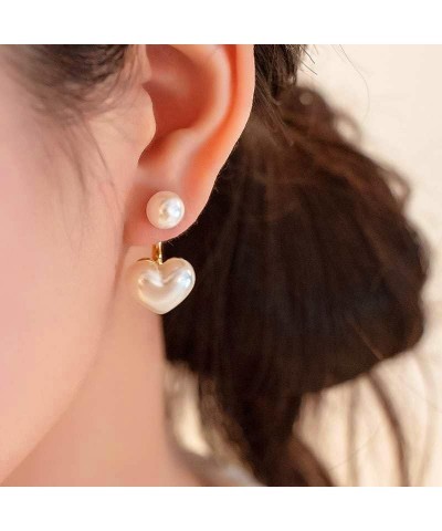 Boho Heart Pearl Ear Jacket Earrings Gold Pearl Heart Studs Earrings Pearl Front Back Earrings Love Heart Earrings Jewelry fo...