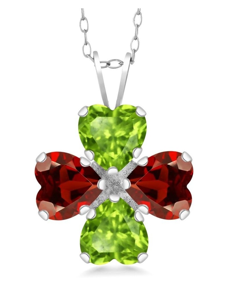 925 Sterling Silver Green Peridot and Red Garnet 4 Heart Shape Gemstone August Birthstone Pendant Necklace For Women (3.46 Ct...