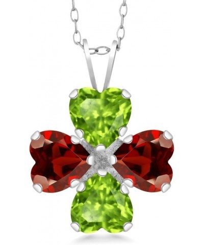 925 Sterling Silver Green Peridot and Red Garnet 4 Heart Shape Gemstone August Birthstone Pendant Necklace For Women (3.46 Ct...