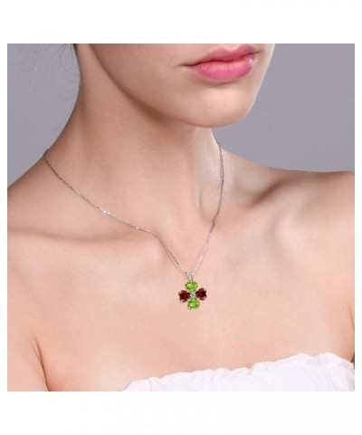 925 Sterling Silver Green Peridot and Red Garnet 4 Heart Shape Gemstone August Birthstone Pendant Necklace For Women (3.46 Ct...