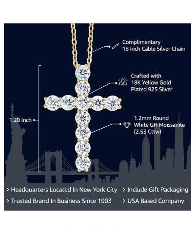 18K Yellow Gold Plated Silver White Round Moissanite Cross Pendant Necklace (2.53 Cttw, with 18 Inch Silver Chain, 1.20 Inch)...