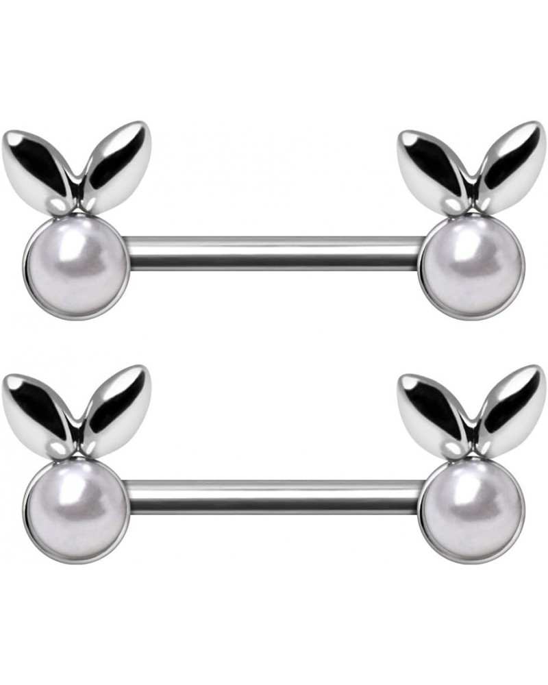 14GA 316L Stainless Steel White Faux Pearl Bunny Nipple Barbells, Sold as a Pair $10.26 Body Jewelry