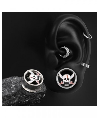 1 Pair Horn with Skull Ear Tunnels Plugs 316 Stainless Steel Ear Gauges Weight Saddle Plugs Hypoallergenic expander Piercing ...