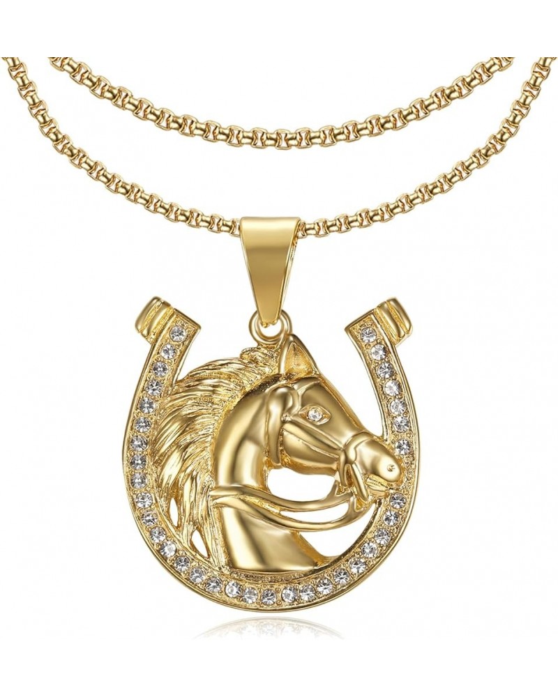 Lucky Animal Horse Pendant Punk Rock Stainless Steel Necklace For Men Women, 2pcs 20 24 Inch Layered Chain Hip Hop Horseshoe ...