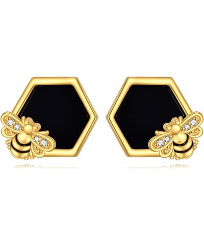 Honeycomb with Bee Stud Earrings 925 Sterling Silver Beehive and Bee Earrings for Women Black Onyx Bee Earrings $14.55 Earrings