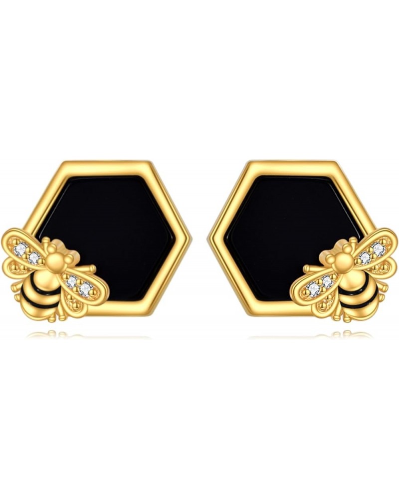 Honeycomb with Bee Stud Earrings 925 Sterling Silver Beehive and Bee Earrings for Women Black Onyx Bee Earrings $14.55 Earrings