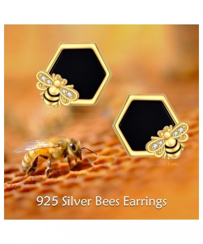 Honeycomb with Bee Stud Earrings 925 Sterling Silver Beehive and Bee Earrings for Women Black Onyx Bee Earrings $14.55 Earrings