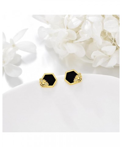 Honeycomb with Bee Stud Earrings 925 Sterling Silver Beehive and Bee Earrings for Women Black Onyx Bee Earrings $14.55 Earrings