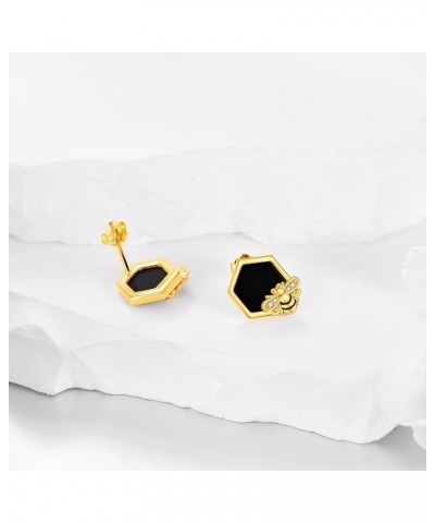 Honeycomb with Bee Stud Earrings 925 Sterling Silver Beehive and Bee Earrings for Women Black Onyx Bee Earrings $14.55 Earrings