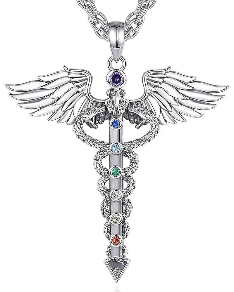 925 Sterling Silver Caduceus Necklace 7 Chakra Caduceus Angel Nursing Themed Gifts for Nurse Doctor Graduation Medical Studen...