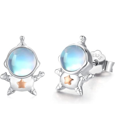 Astronaut Earrings Spacemen Studs 925 Sterling Silver Moonstone Earrings Cute Cartoon Spaceman Earrings Planet Jewelry Gift f...