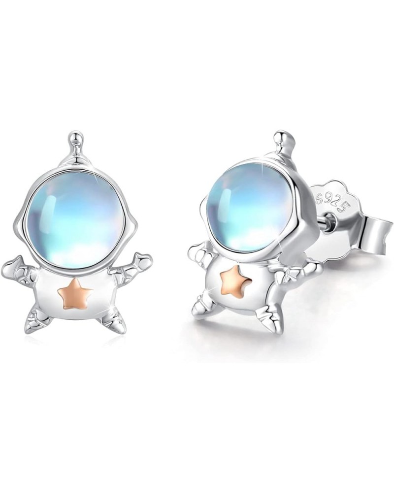 Astronaut Earrings Spacemen Studs 925 Sterling Silver Moonstone Earrings Cute Cartoon Spaceman Earrings Planet Jewelry Gift f...