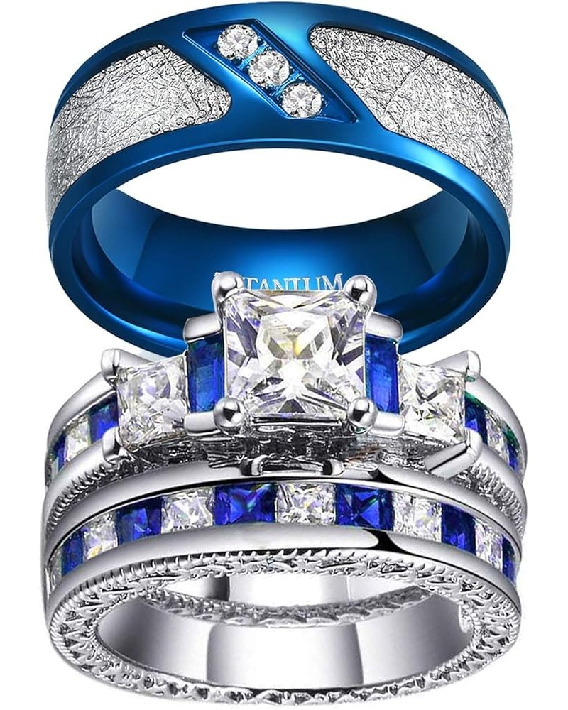 3pc Couple Ring Bridal Sets Women White Gold Plated Blue Sapphire Cz Man Titanium Band Wedding Ring For Him And Her women's s...