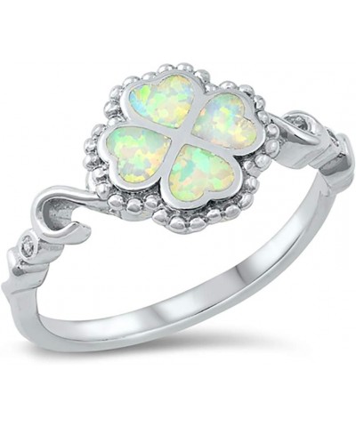 CLOSEOUT WAREHOUSE Blue Simulated Opal Beaded Four Leaf Clover Swirl Ring Sterling Silver White $11.27 Rings