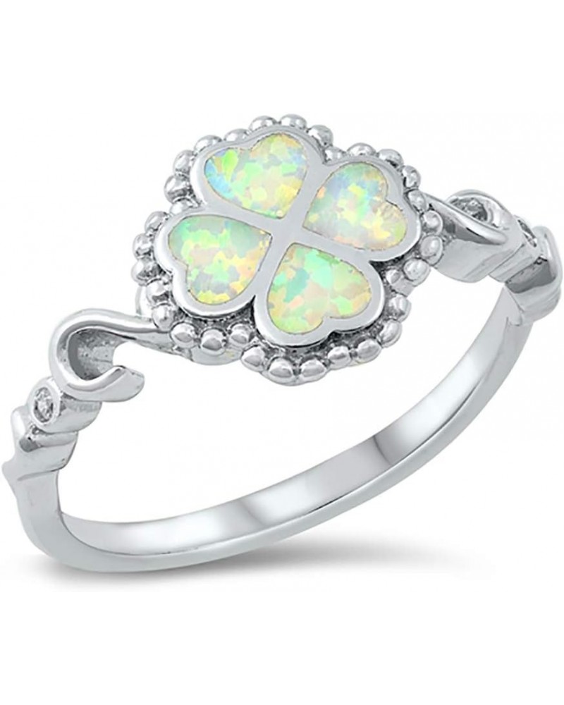 CLOSEOUT WAREHOUSE Blue Simulated Opal Beaded Four Leaf Clover Swirl Ring Sterling Silver White $11.27 Rings