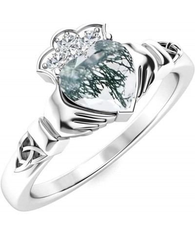 925 Sterling Silver Claddagh Rings for Women Irish Celtic Knot Claddagh Ring with Heart Shape Moss Agate, Wedding Brand Jewel...