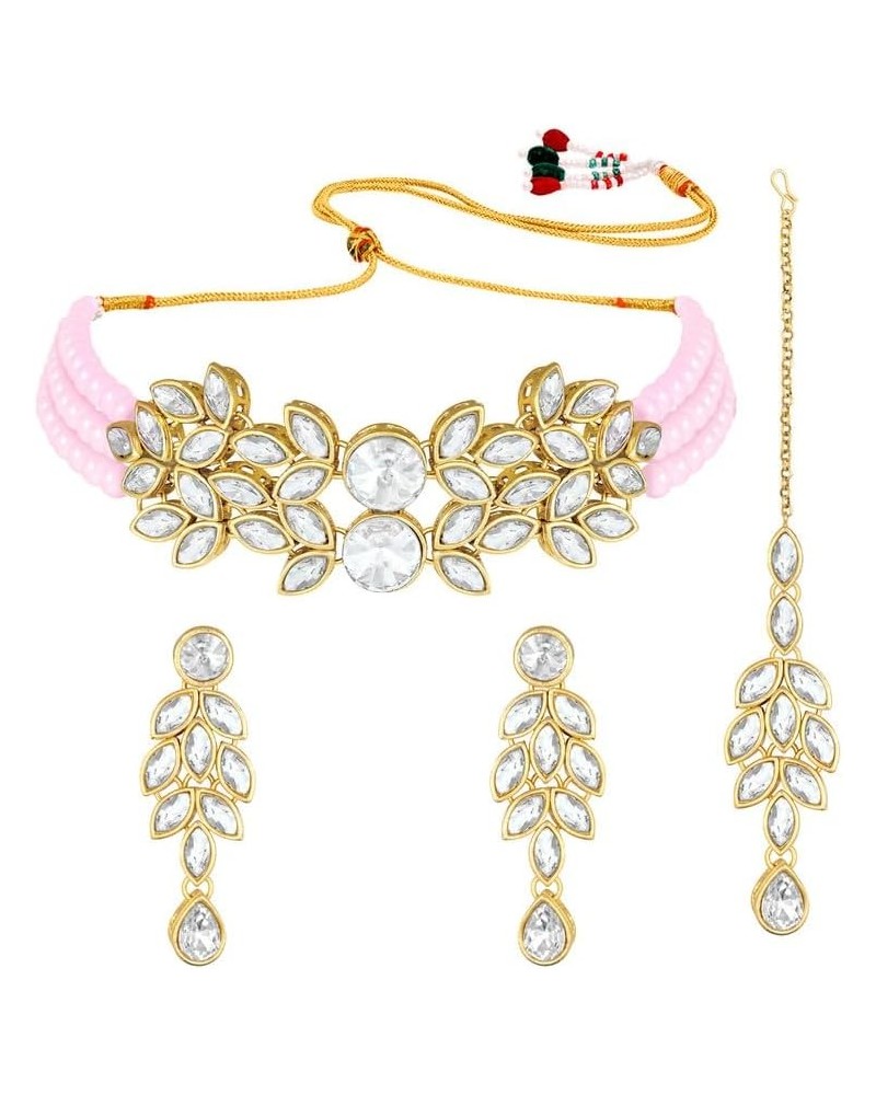 Traditional Gold Plated Kundan Choker Necklace Dangle Earring & MaangTikka Ethnic Jewelry Set Gift for Women Pink $19.59 Jewe...