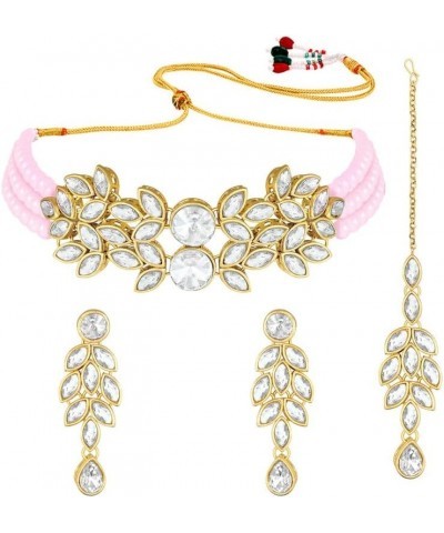 Traditional Gold Plated Kundan Choker Necklace Dangle Earring & MaangTikka Ethnic Jewelry Set Gift for Women Pink $19.59 Jewe...