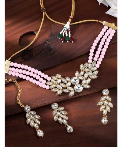 Traditional Gold Plated Kundan Choker Necklace Dangle Earring & MaangTikka Ethnic Jewelry Set Gift for Women Pink $19.59 Jewe...