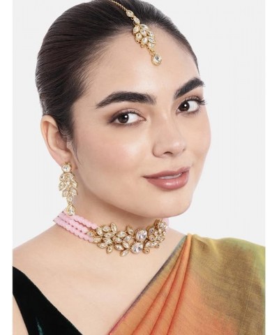 Traditional Gold Plated Kundan Choker Necklace Dangle Earring & MaangTikka Ethnic Jewelry Set Gift for Women Pink $19.59 Jewe...