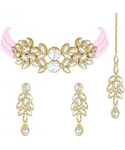 Traditional Gold Plated Kundan Choker Necklace Dangle Earring & MaangTikka Ethnic Jewelry Set Gift for Women Pink $19.59 Jewe...