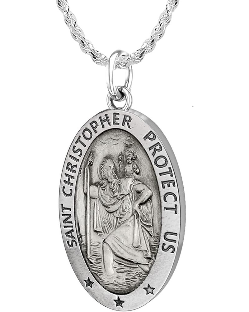 Ladies 22mm 925 Sterling Silver St Christopher Oval Antique Pendant Necklace, 22in to 24in 20in 2.3mm Rope Chain $23.00 Neckl...