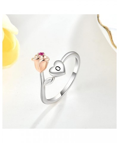 Heart Rose Flower Ring with Initial Letter for Women Girls Sterling Silver Alphabet Rings with Initial (Adjustable Ring) Lett...