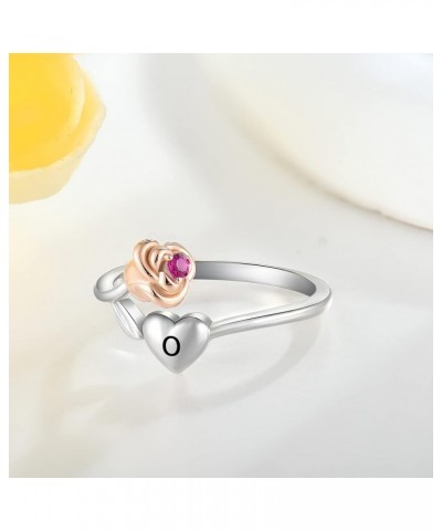 Heart Rose Flower Ring with Initial Letter for Women Girls Sterling Silver Alphabet Rings with Initial (Adjustable Ring) Lett...