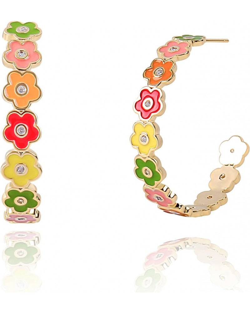 Colorful Flower Hoop Earrings for Women 14K Gold Plated Flower Open Round Hoop Earrings Enamel Floral Statement Earrings Blos...