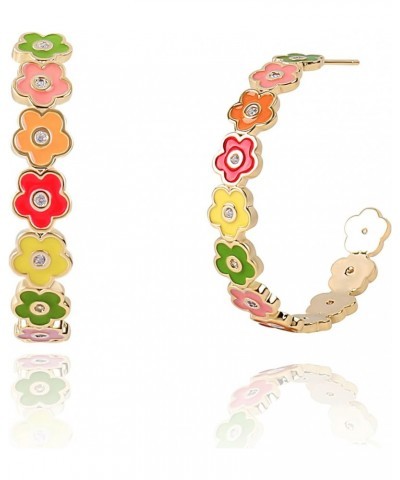 Colorful Flower Hoop Earrings for Women 14K Gold Plated Flower Open Round Hoop Earrings Enamel Floral Statement Earrings Blos...