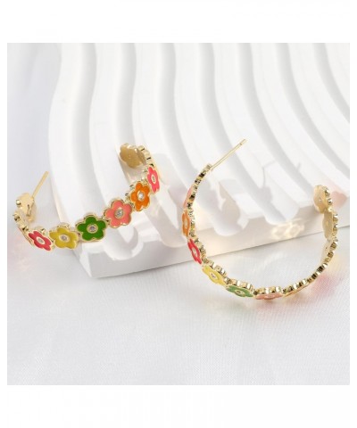 Colorful Flower Hoop Earrings for Women 14K Gold Plated Flower Open Round Hoop Earrings Enamel Floral Statement Earrings Blos...