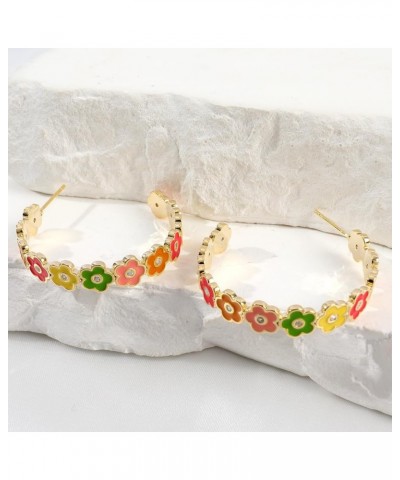 Colorful Flower Hoop Earrings for Women 14K Gold Plated Flower Open Round Hoop Earrings Enamel Floral Statement Earrings Blos...