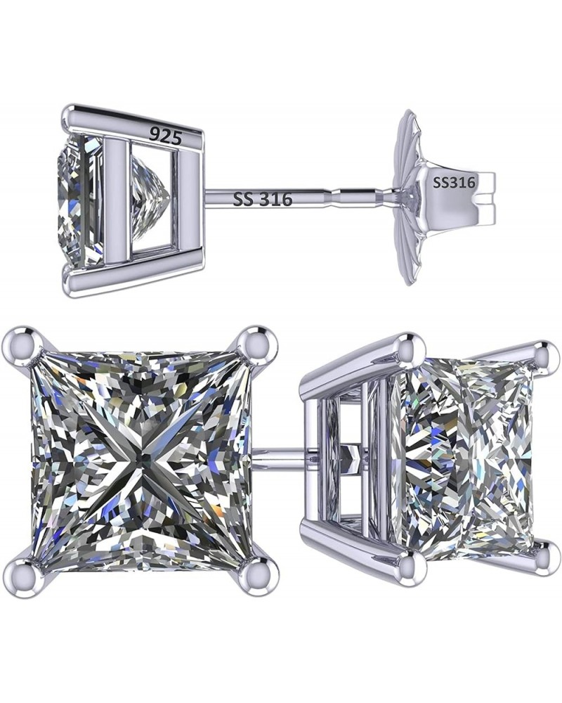 Princess Cut Simulated Diamond Stud Earrings Silver & CZ 1.50ct - 4.00ct Hypoallergenic 4.00 Carat Total Weight Platinum Plat...