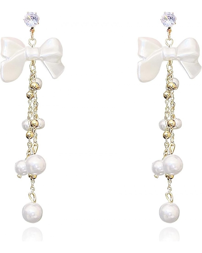 Bow Pearl Tassel Earrings Bohemian Bow Tie Dangle Earrings Dangle Pearl Rhinestone Drop Earrings for Women Girls white $7.27 ...