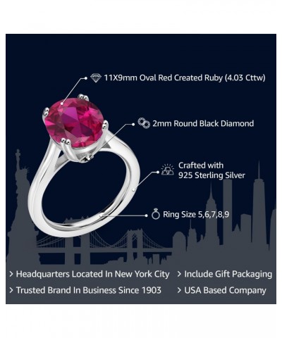 925 Sterling Silver Red Created Ruby and Black Diamond Solitaire Ring For Women (4.03 Cttw, Oval 11X9MM, Available in size 5,...