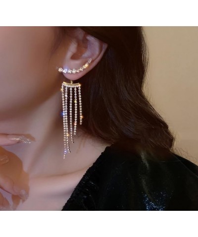 Silver Rhinestone Tassel Earrings Sparkly Long Tassel Front Back Earrings Crystal Statement Chandelier Wedding Party Prom Ear...